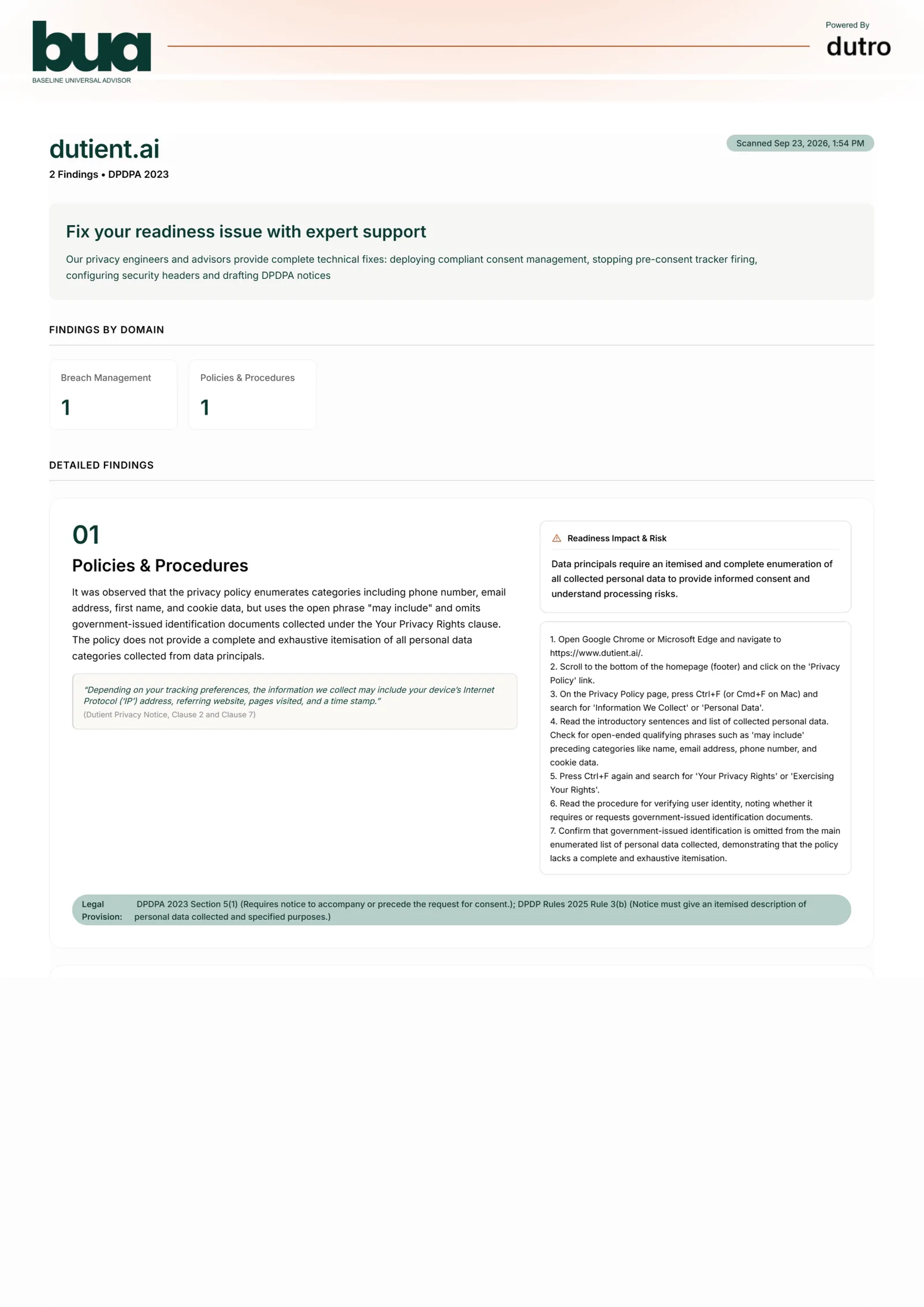 BUA scan report for dutient.ai: two findings under DPDPA 2023, by domain, with the first finding, its readiness risk, steps to verify it and the legal provision