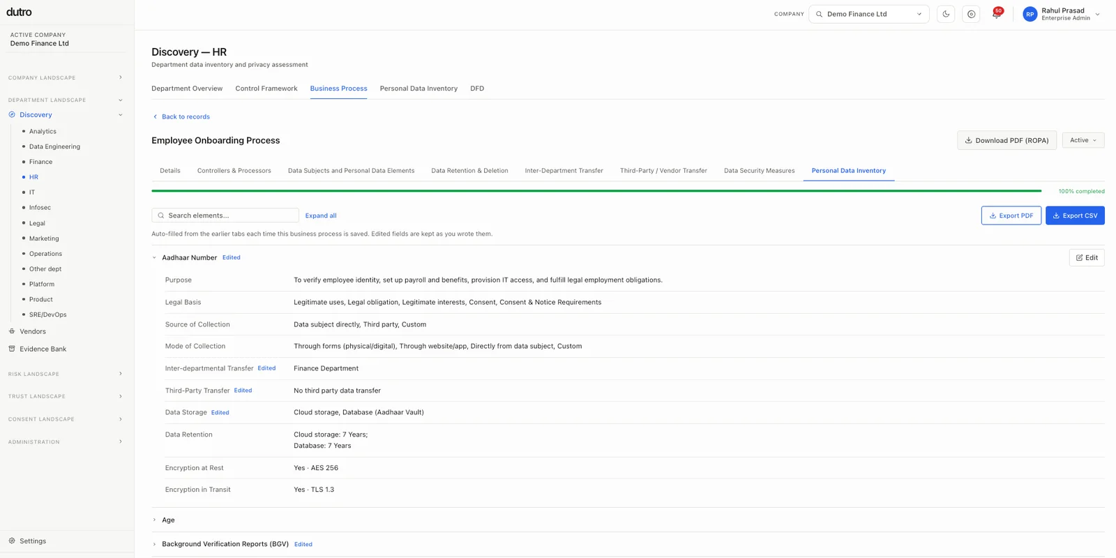 Dutro personal data inventory for an HR process: each data element with its purpose, legal basis, source, transfers, storage, retention and encryption