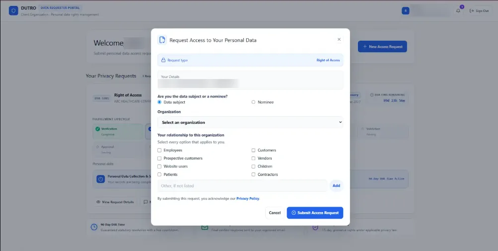 Dutro data requester portal: a request to access personal data, with request type, requester details and relationship to the organisation