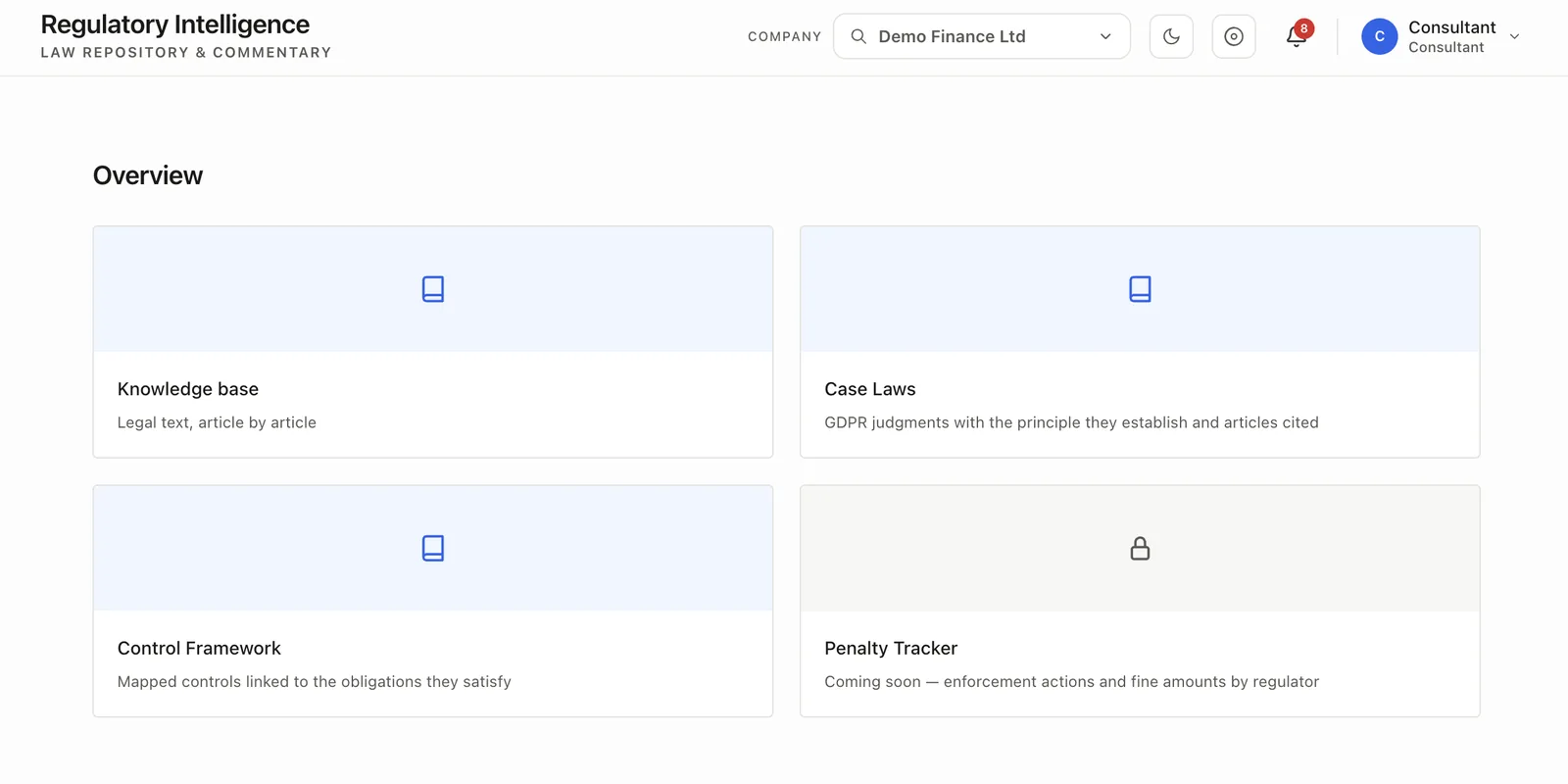 Dutro Regulatory Intelligence overview: Knowledge base, Case Laws, Control Framework and Penalty Tracker